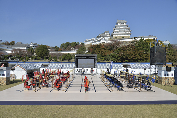 Local high school students perform Ningen Shogi, human Japanese chess on  top of Mt. Maizuru, in Tendo, Yamagata Prefecture on April 22, 2017. Tendo  is known for production of shogi koma,'' pieces